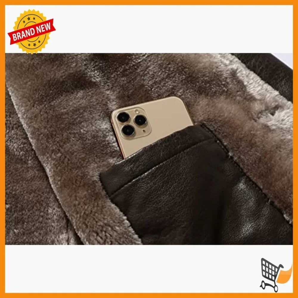 Men's Faux Leather Trench Coat with Fur Lapel Collar, Slim Fit, Winter